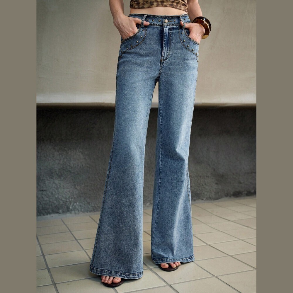 Studded Medium Wash Denim Flare Jeans - Extra Long